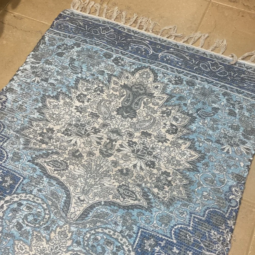 Set of 2 Rugs Blue and White Patterned knotted flat Rug 5x3 - Picture 3 of 6